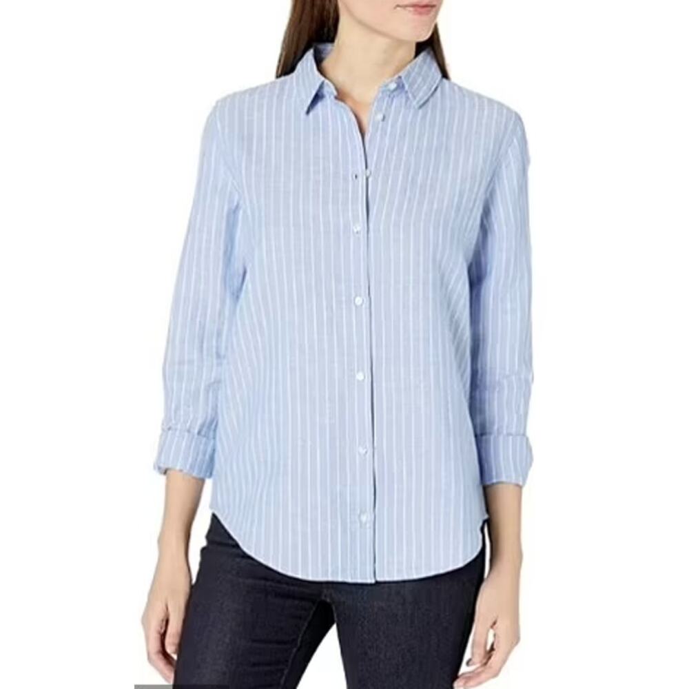 Amazon Essentials Women's Pinstripe Shirt Size Small Blue White Linen Cotton